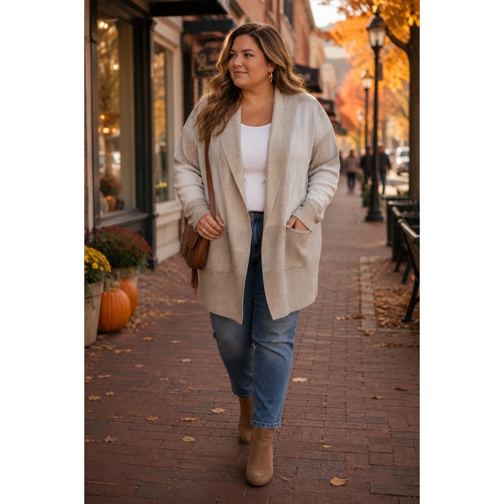 Ava Rose Beige Colorblock Open Front Knit Cardigan Sweater Plus‎ Size 2X JP42727